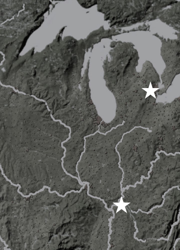 map image with two stars indicating Shoreline Steel locations in New Haven, Michigan and Paducah, Kentucky